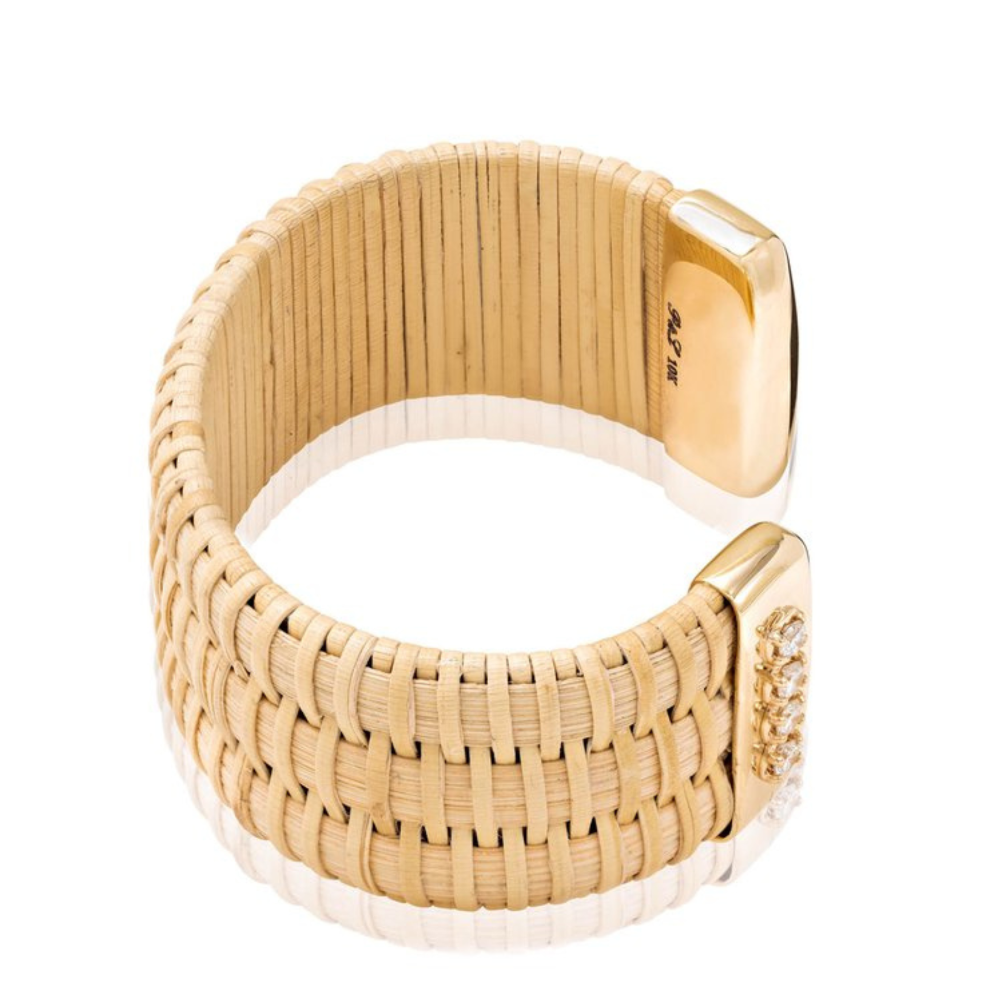 wide woven cuff bracelet with gold caps and diamond accents - side view