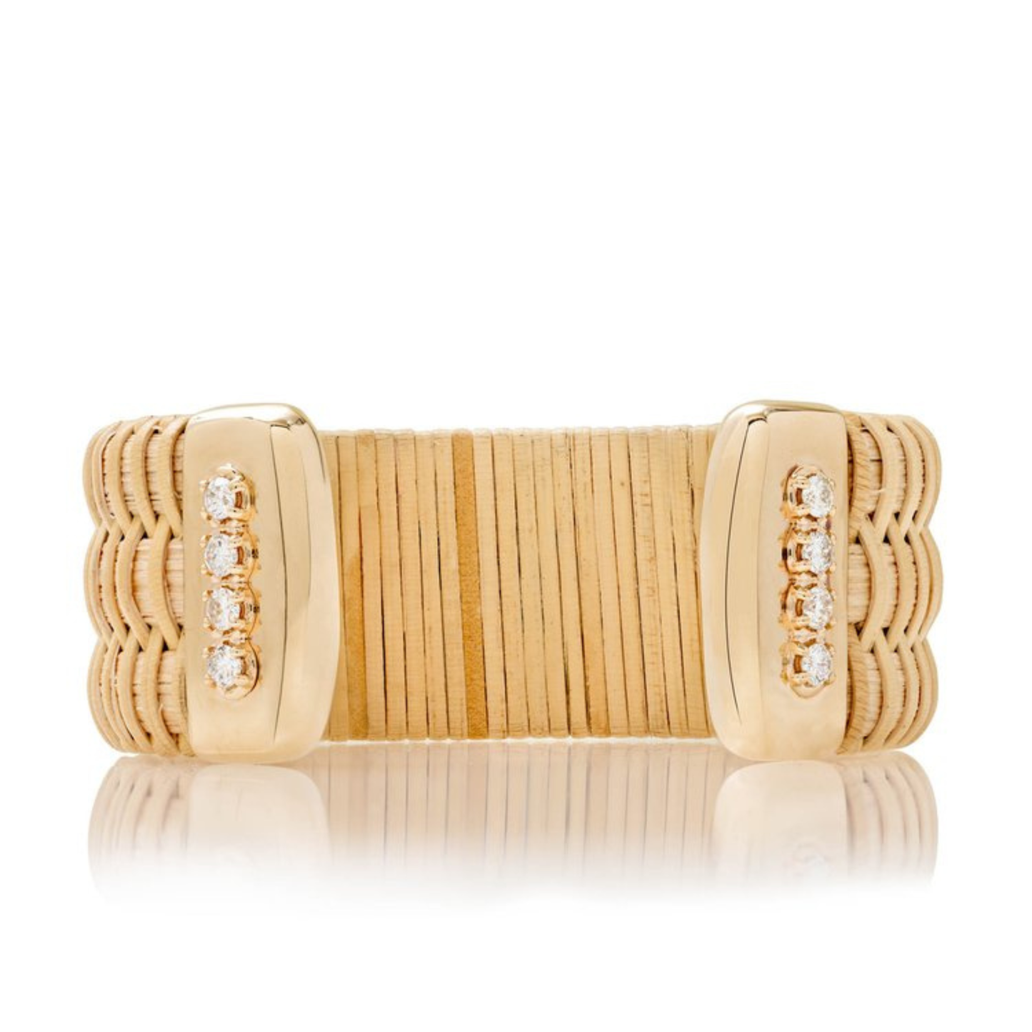 wide woven cuff bracelet with gold caps and diamond accents