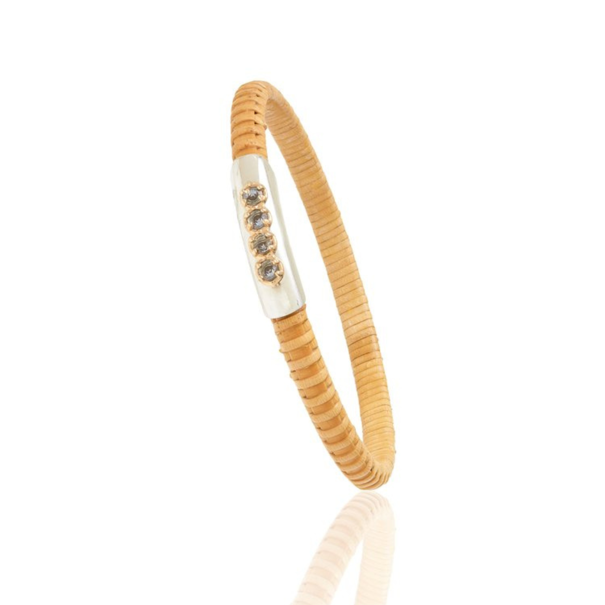 Natural rattan woven cuff bracelet with silver band and blue grey sapphires
