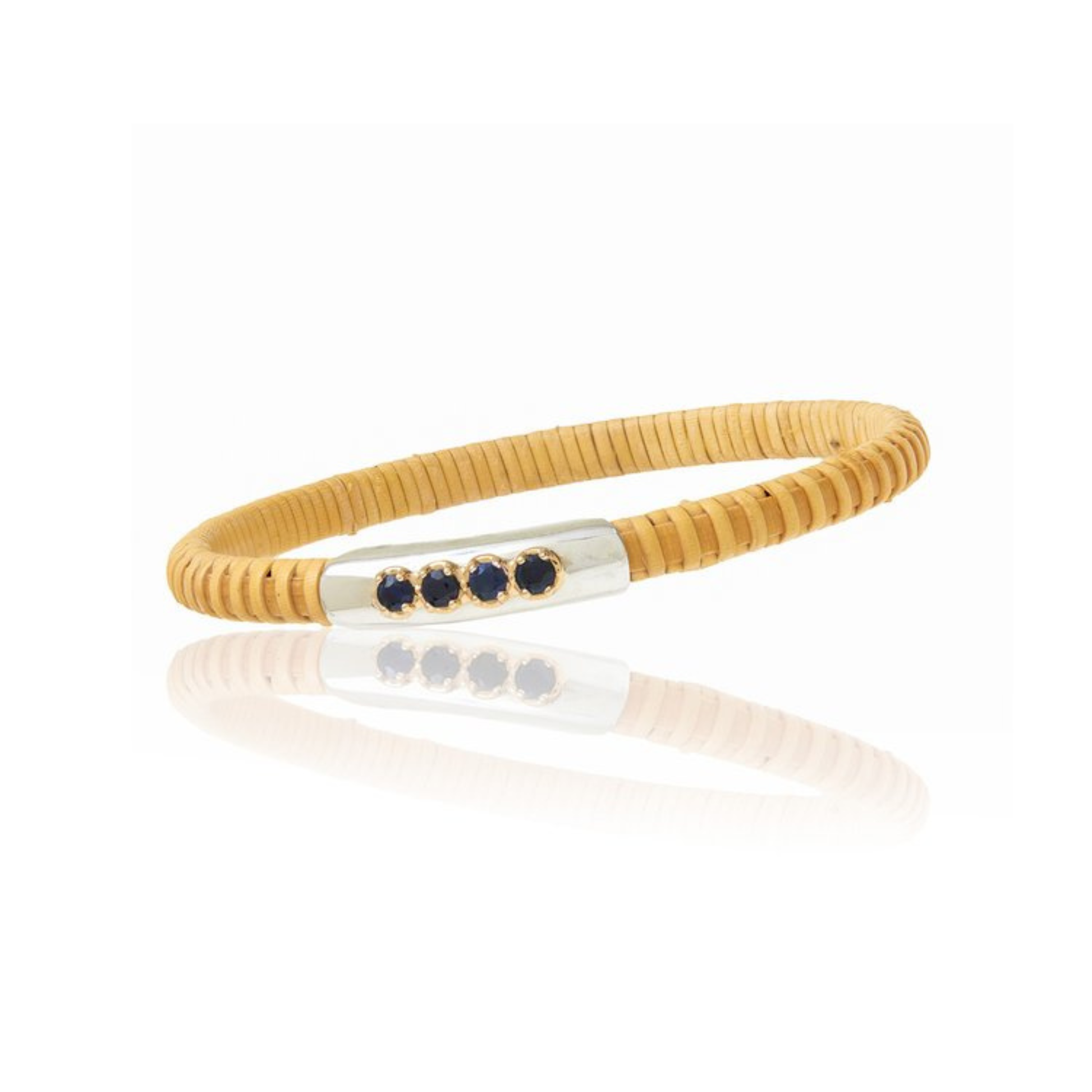 Woven bangle with silver section featuring blue stones on a plain background