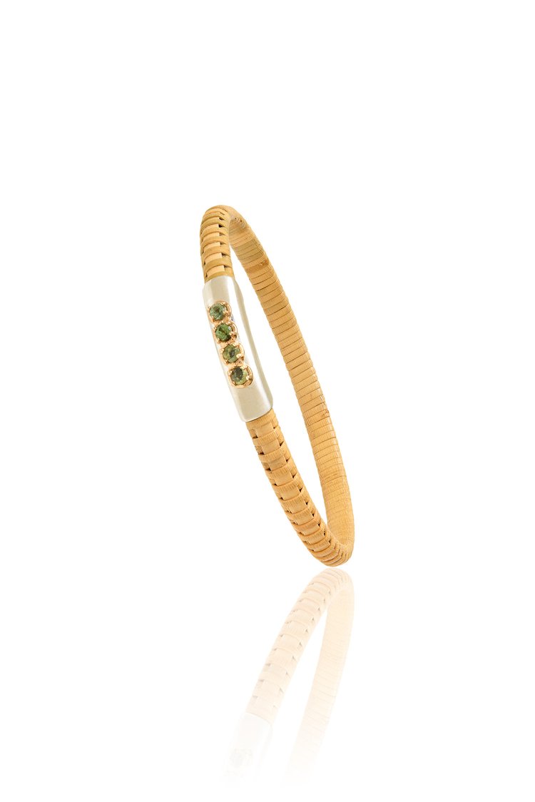 Pale Green Sapphire Nantucket Basket Bangle, handwoven from natural cane and rattan