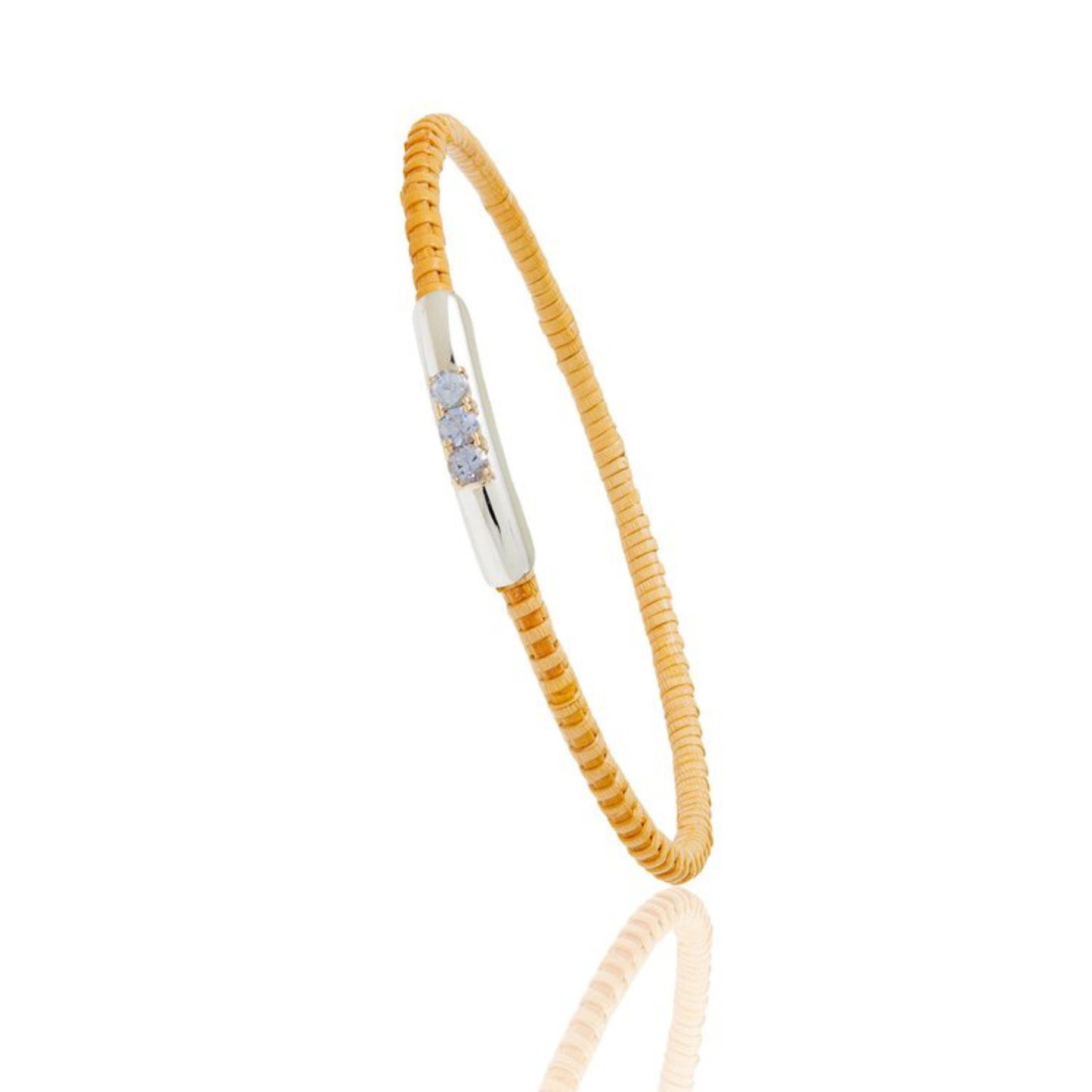 Woven basket bangle bracelet with silver and sapphire gemstones on a plain background
