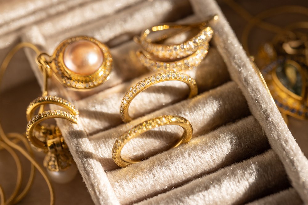 Pave Diamond Band with other gold and diamond and pearl jewlery