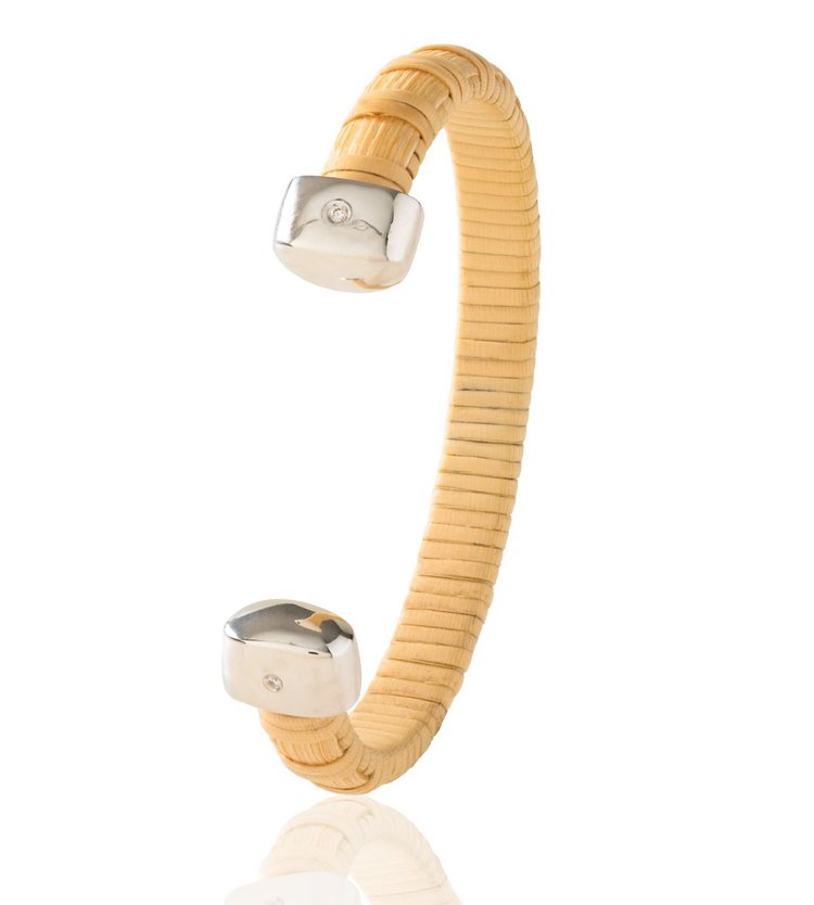 Sparkling Seas Nantucket Lightship Basket 1/4" Cuff, handwoven from natural cane and rattan, with Sterling Silver and Diamonds