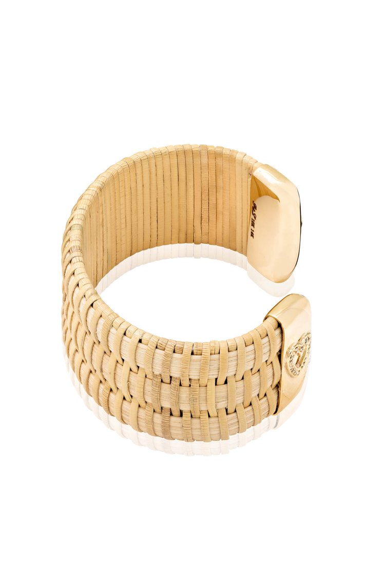 Summer Love Nantucket Lightship Basket 1" Cuff, handwoven from natural cane and rattan, with Gold and Diamonds in heart shape
