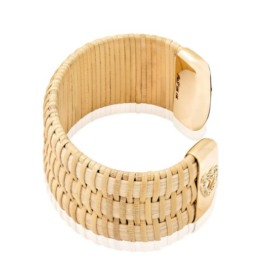 Woven bracelet cuff with gold caps with hearts in diamonds