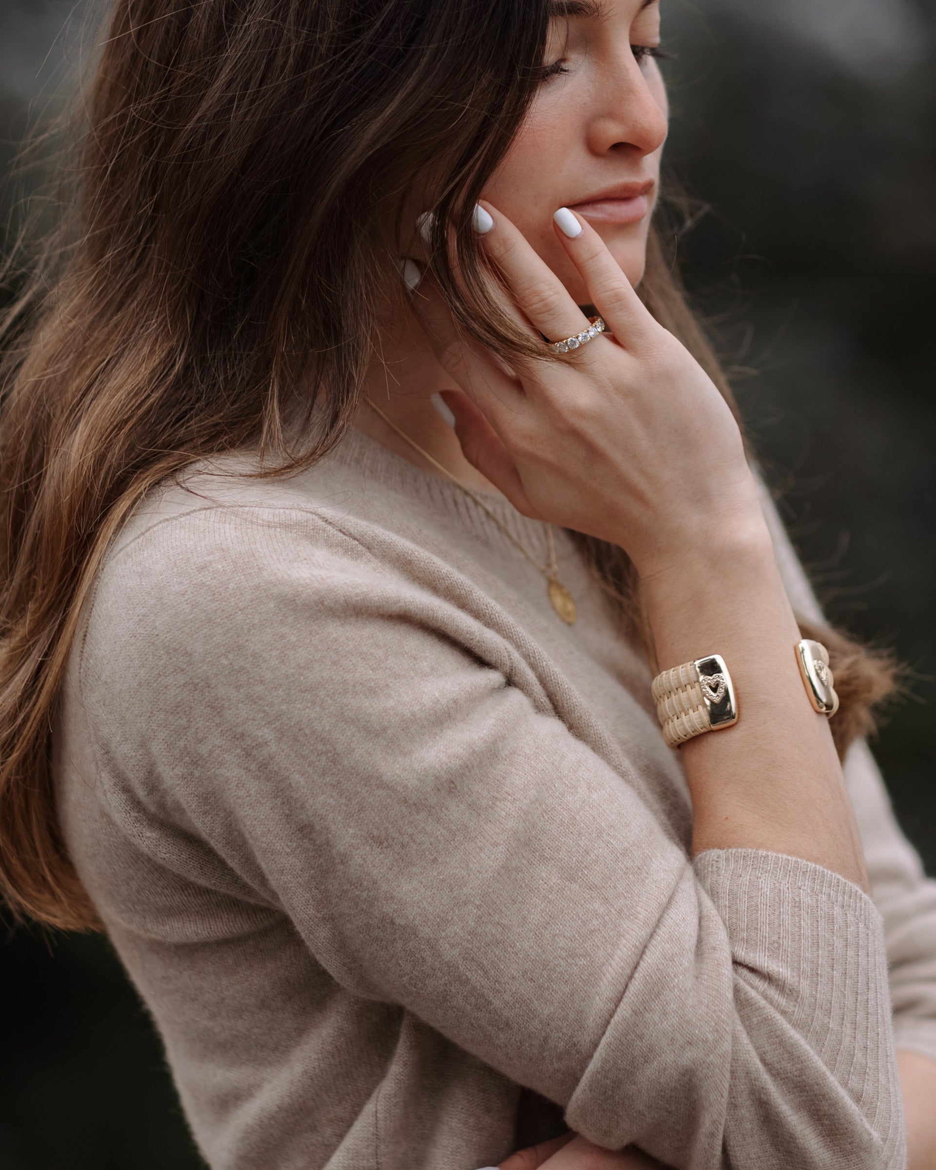 Summer Love Nantucket Lightship Basket 1" Cuff, handwoven from natural cane and rattan,  with Gold and Diamonds in heart shape on model's wrist
