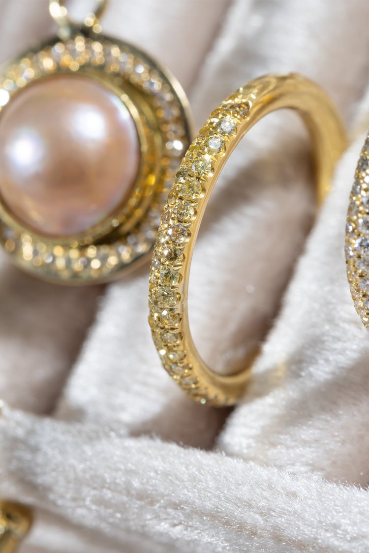 Yellow Diamond Pave Band with necklace in jewelry box