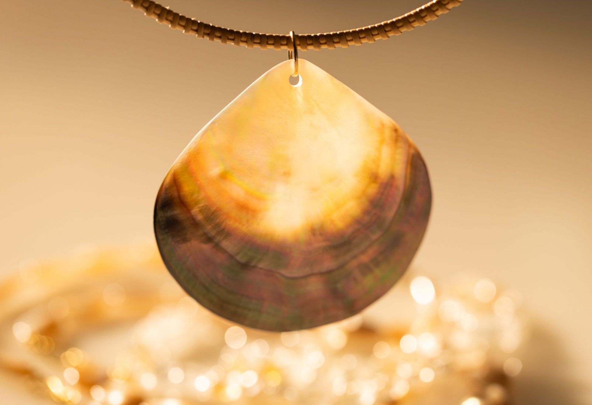 Closeup of large shell pendant necklace