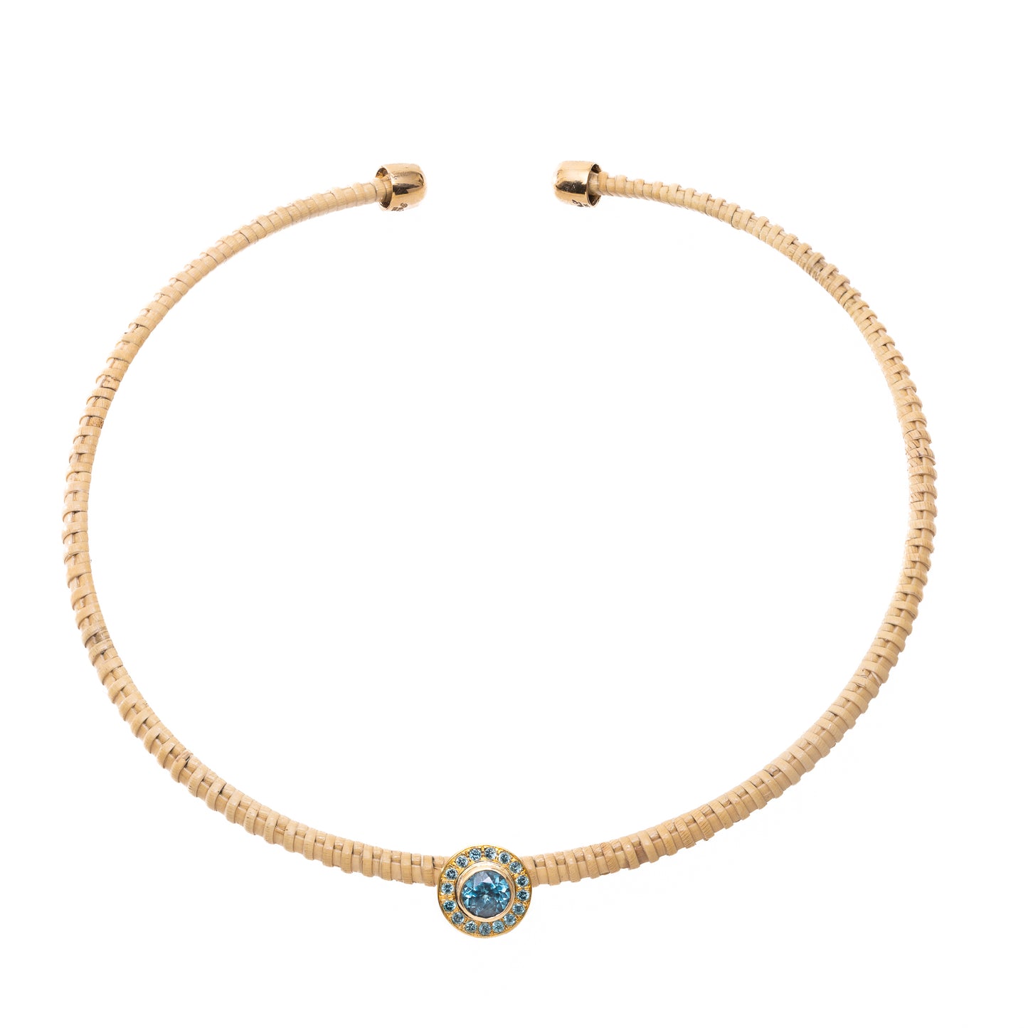 A gold nantucket basket choker necklace with a round pendant featuring a blue stone surrounded by bead-set blue zircons.