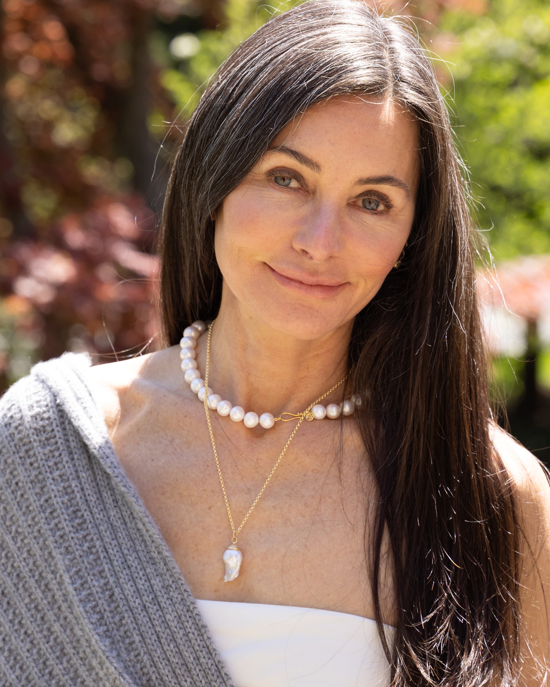 Sea Sparkle Baroque Pearl & Diamond Pendant Necklace on model