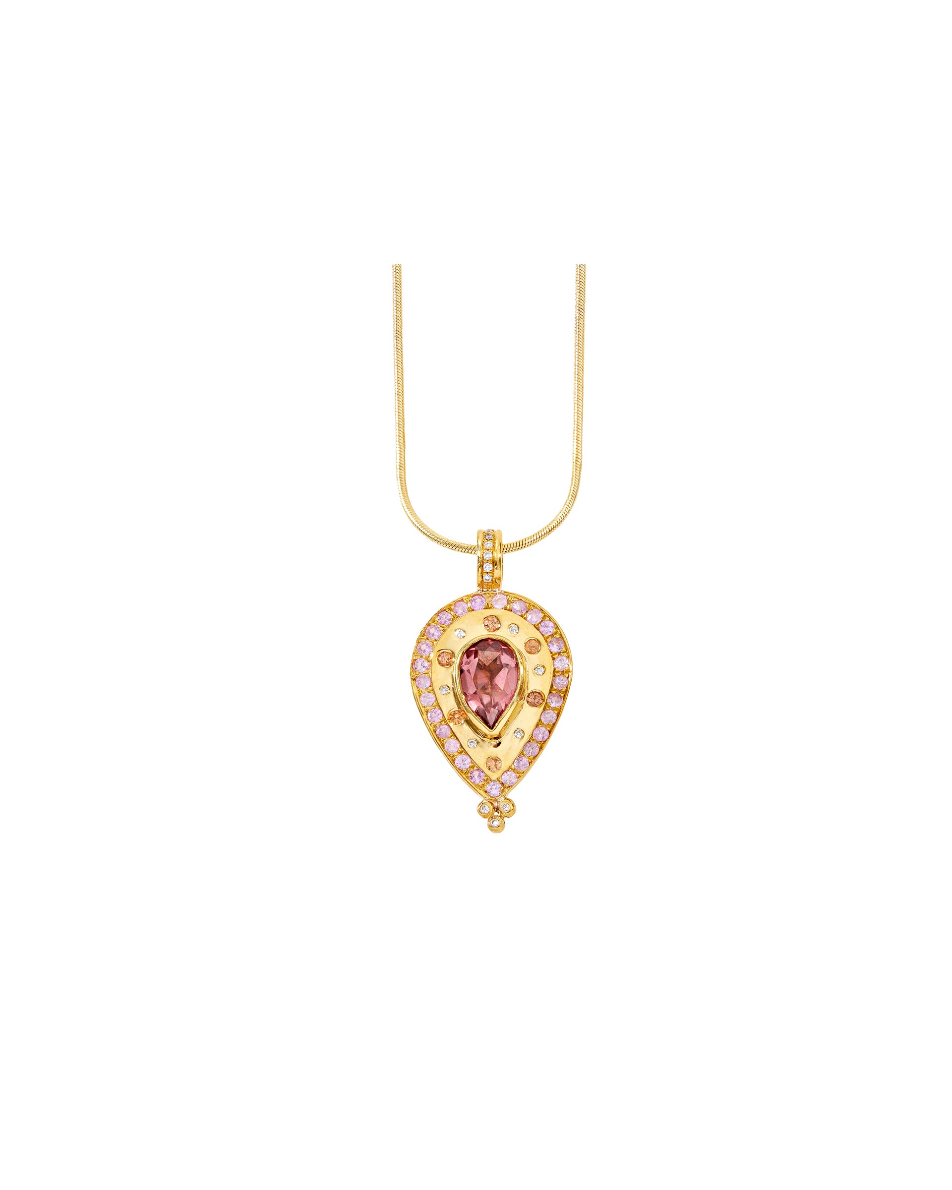 Dawn pendant is handcrafted in 22K gold with a center pear shaped, pink tourmaline surrounded by pink sapphires, orange sapphires and diamonds