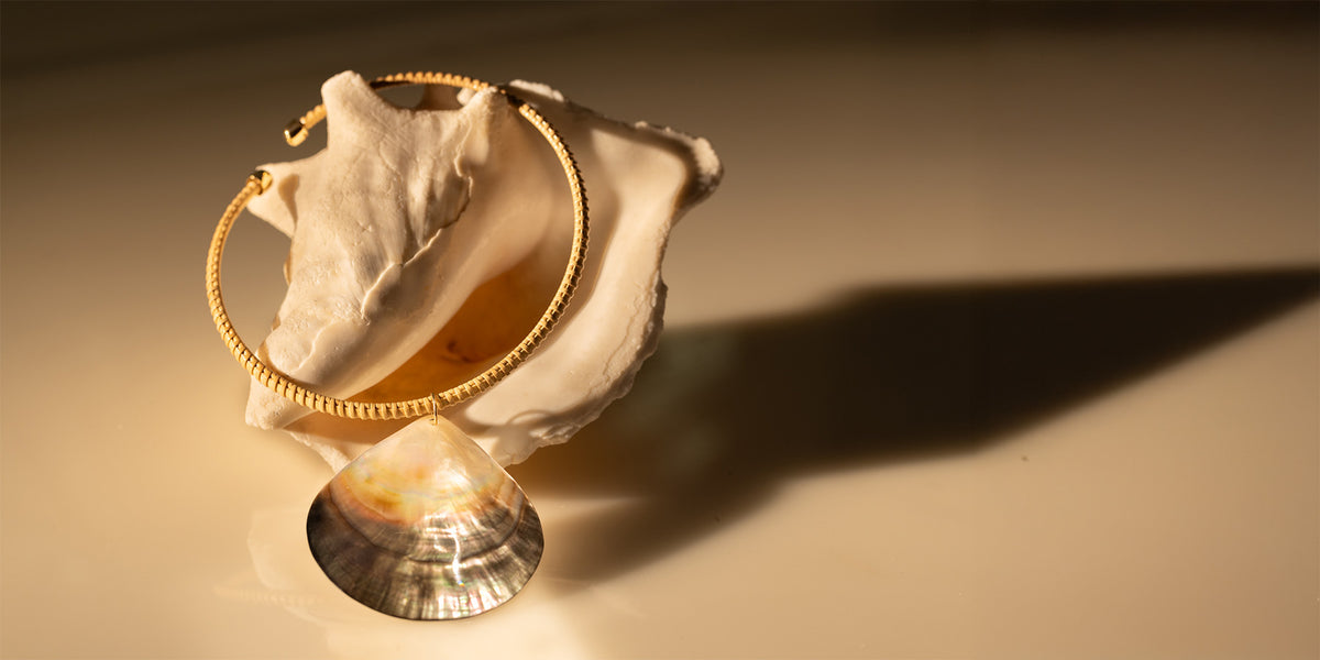 Shell choker necklace laid across a shell
